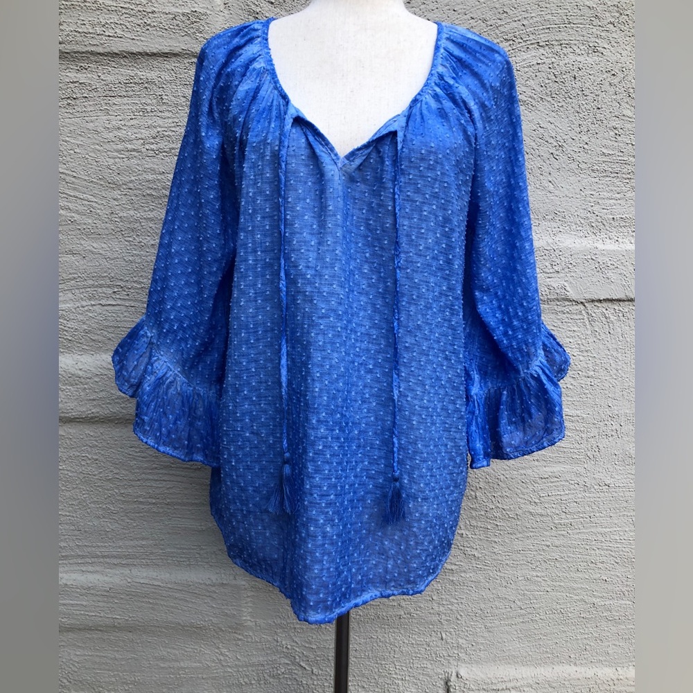 Lulalife Goldie Top Sky. 3/4 Sleeve, Hand Dyed Garment. NWT. Size- M